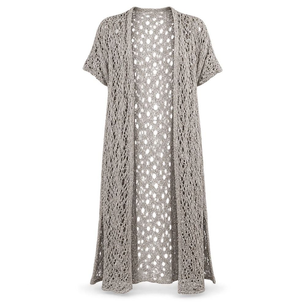 Eileen Fisher Linen Cotton Crochet Knit Long Duster Cardigan Size L Taupe Grey